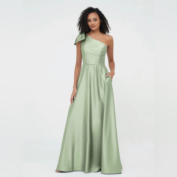 BABARONI SIGRID. One-Shoulder Long Satin Dresses With Pockets-Black - Picture 1 of 3